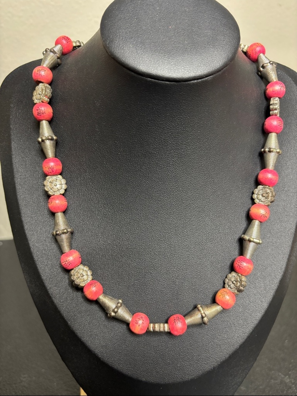 Vintage Chinese Writing Beads Silver Tone Beaded Prosperity Necklace Stone